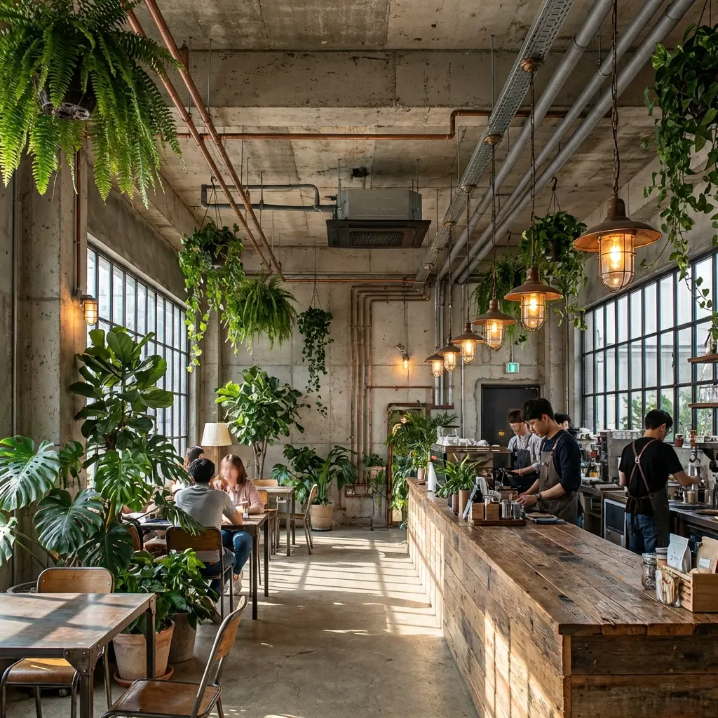 カフェ内装 × インダストリアル＆ボタニカル デザイン案 1