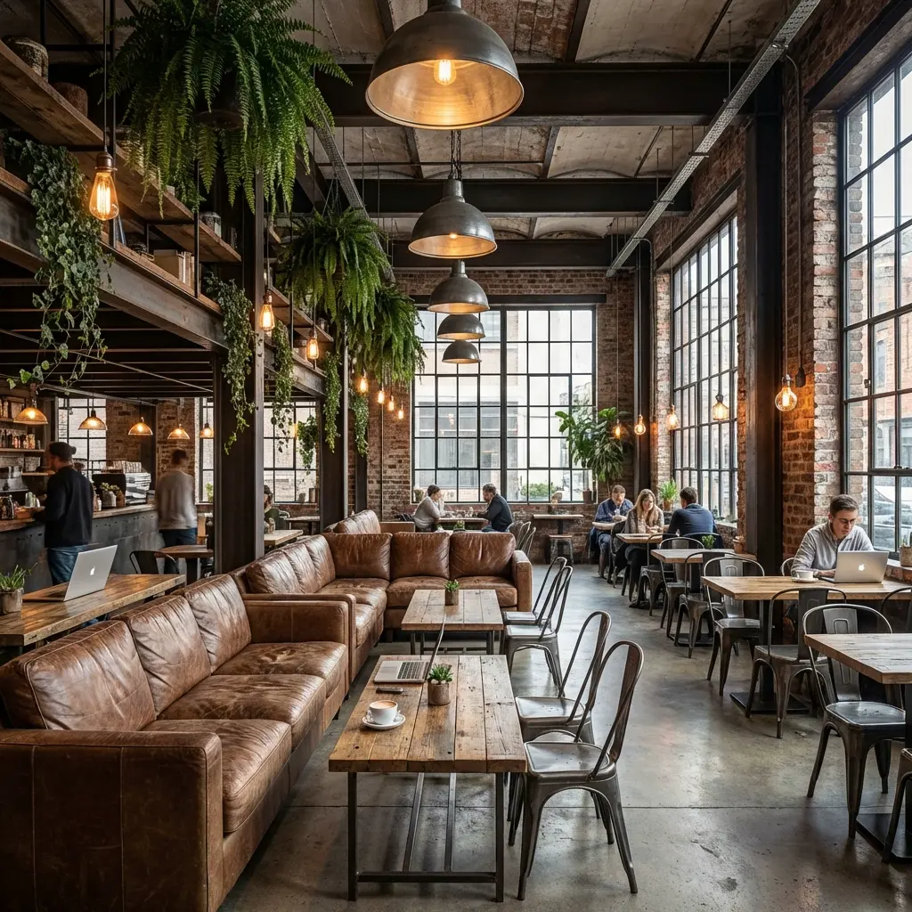 カフェ内装 × インダストリアル＆ボタニカル デザイン案 2